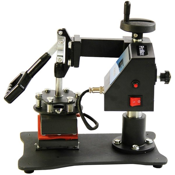 Cap press machine with adjustable handle, digital display, and sturdy base, designed for heat transfer printing on caps