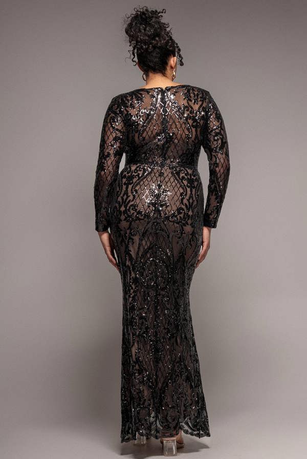 Goddiva Plus Sequin Square Neck Maxi With Scallop Hem - Black by Goddiva Plus