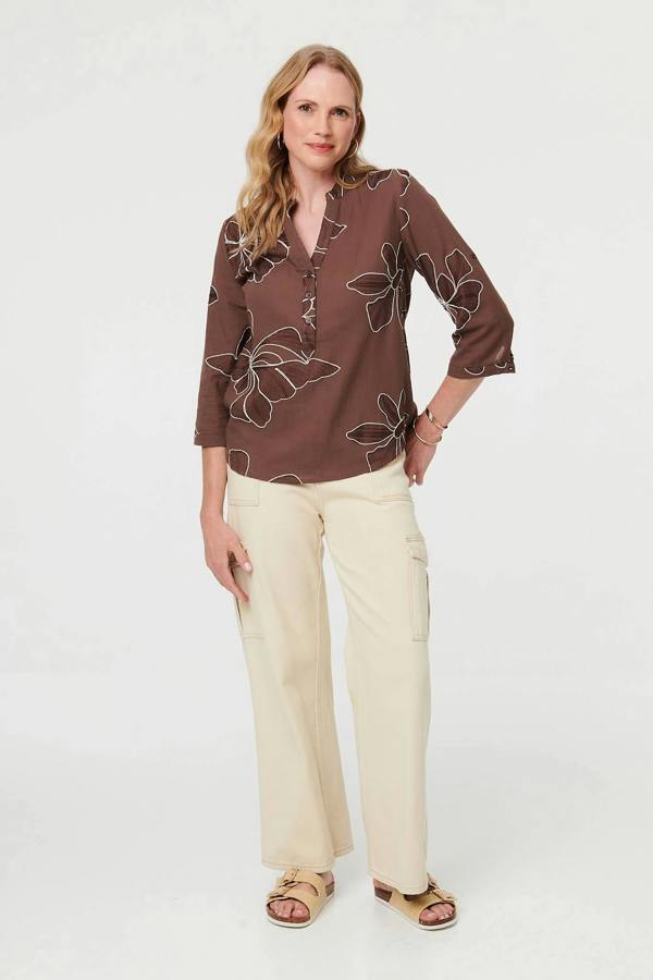 Brown | Embroidered Floral 3/4 Sleeve Blouse