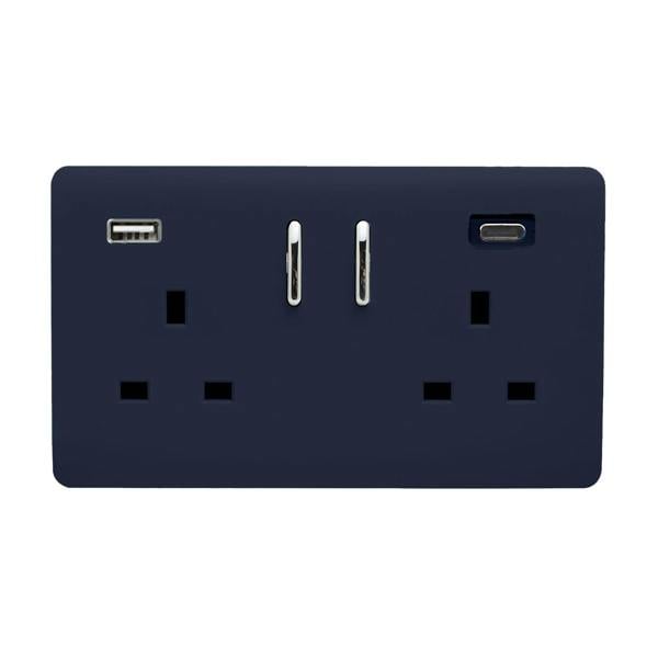 Trendi Switch 2 Gang USB 65W Type A & C USB Plug Socket in Navy Blue