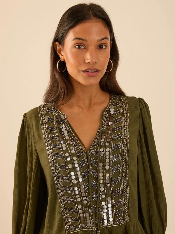 Rose & Nancy Hailey Khaki Frill Mirror Embellished Blouse