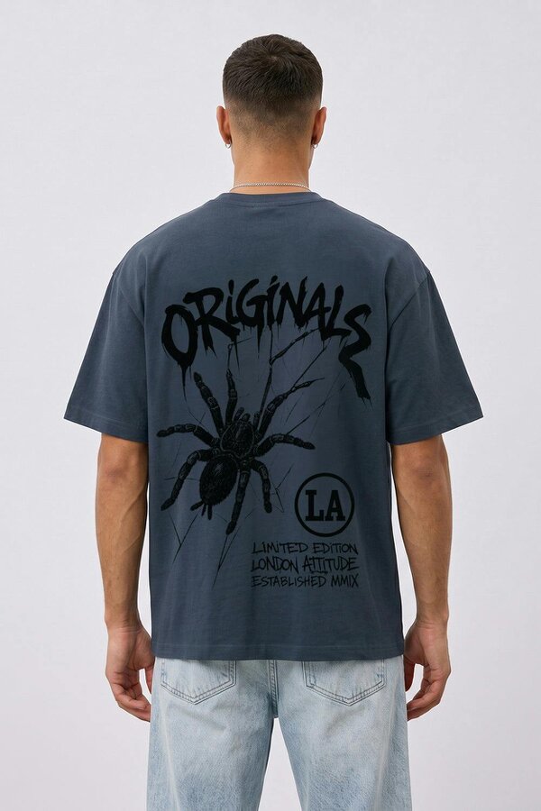 London Attitude Originals Oversized Heavyweight Spider T-Shirt - Blue Dusk