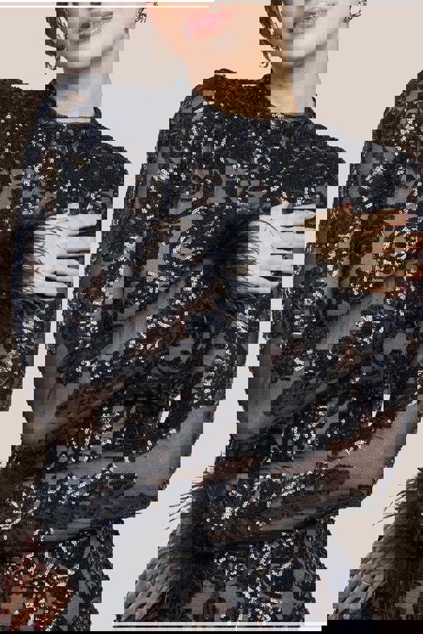 Sequin High Neck Feather Cuff Maxi Dress - Black DR3984