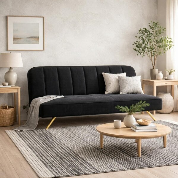 Wyld Haus Malahide Upholstered Black Velvet Tufted Sofa Bed Gold Metal Legs - Single