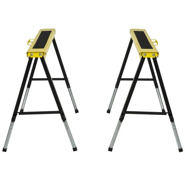 Pair of yellow and black A-frame folding trestle stands with steel legs