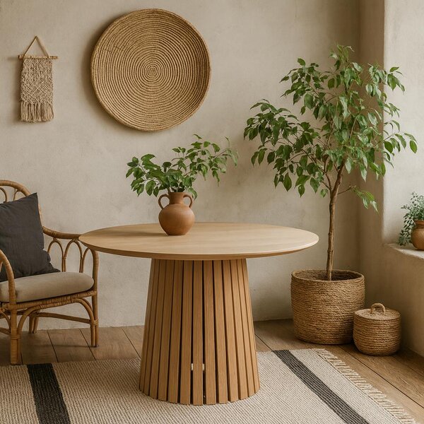 Wyld Haus Twillbury Round Oak Dining Table Slatted Base