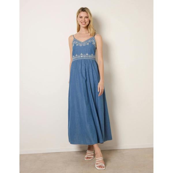 Blue Vanilla Floral Embroidery Adjustable Strap Maxi Dress