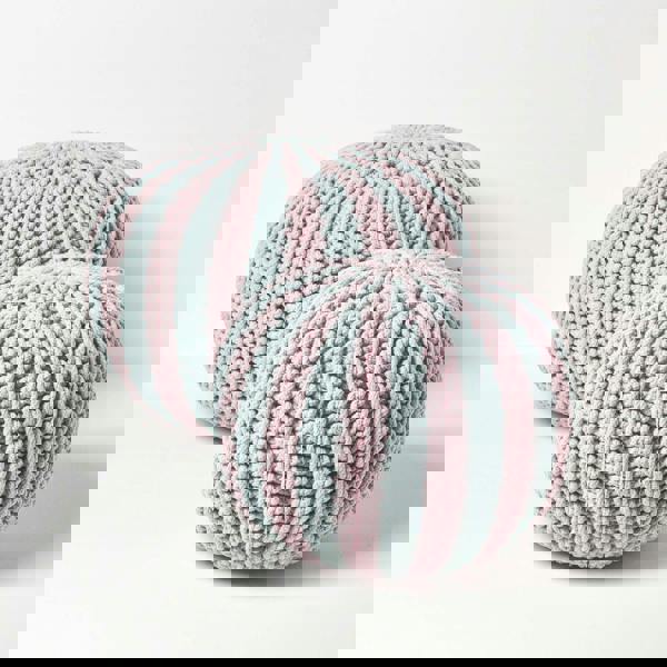 HOMESCAPES Pink and Blue Knitted Pouffe Striped Footstool