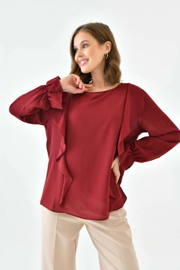 Hoxton Gal Oversized Frilled Front Blouse with Detailed Cuffs in Burgundy