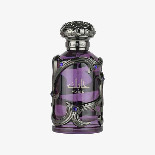 Lattafa Habik for men eau de parfum 100ml in a deep purple glass bottle with black metallic ornamental detailing and a sculpted luxury cap, photographed on a clean white background.