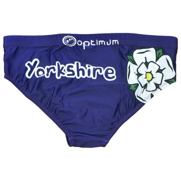 Navy Optimum Yorkshire tackle trunks with white logo, text and white rose print, flat lay - Optimum