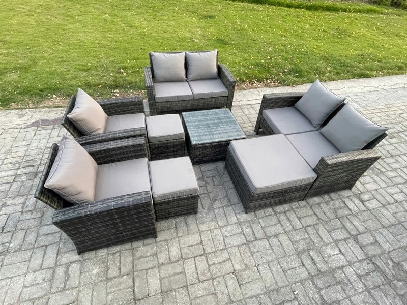 Fimous 8-Piece Rattan Garden Furniture Set - Dark Grey Mixed Wicker Patio Sofa Conversation Set with 3 Footstools