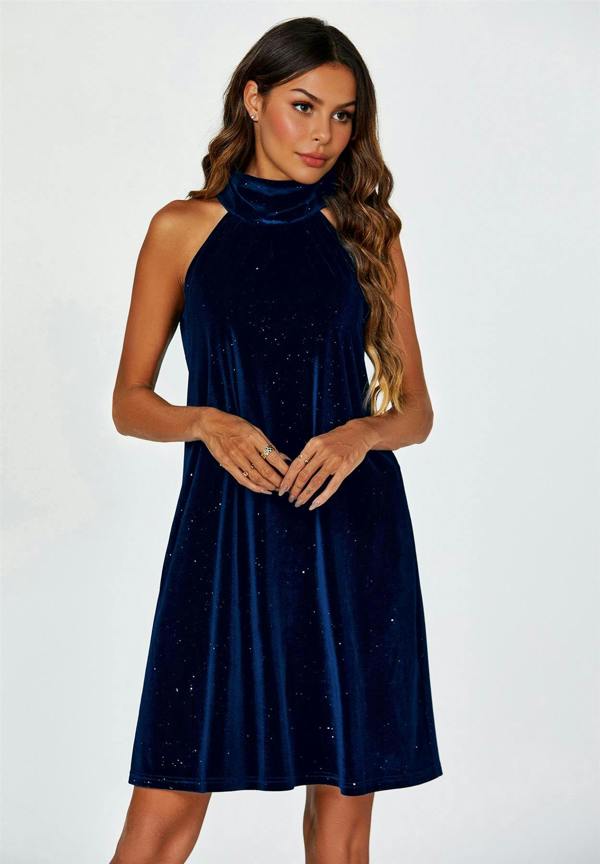 FS Collection Silver Foil Velvet Halter Neck Tie Back Mini Dress In Navy