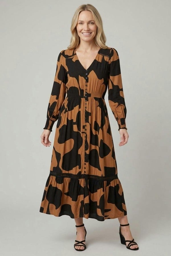 Izabel London Abstract Long Sleeve V-Neck Maxi Dress