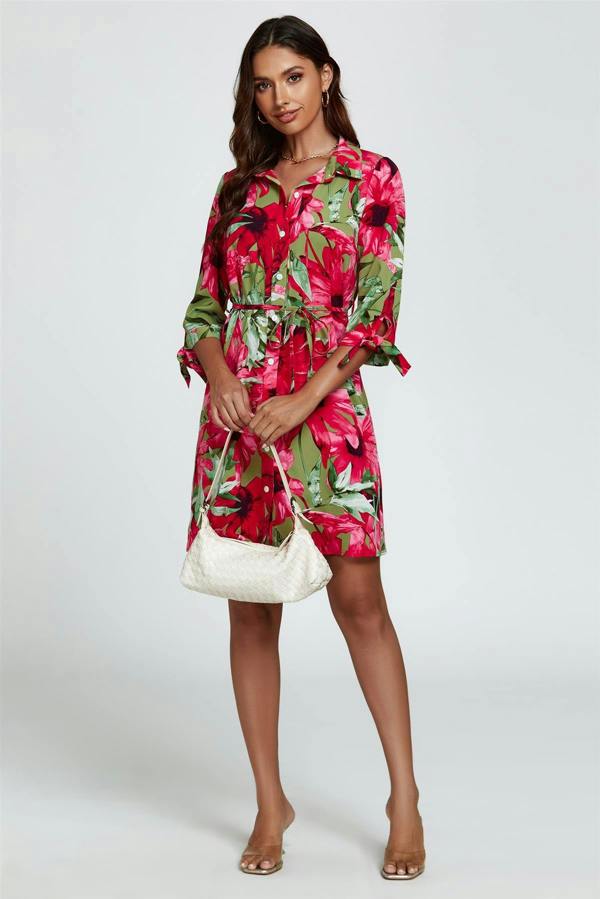 FS Collection Floral Print Shirt Mini Dress In Red