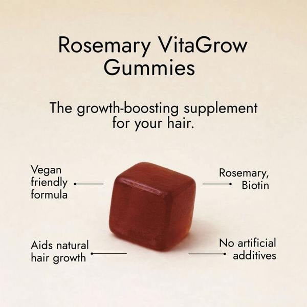 Rosemary hair oil company, vitagrow gummies, strawberry flavour, UK, hair growth, vegan, biotin, pumpkin seed extract, black seed extract, halal, AnaGain, pea sprout extract, thick hair, volume, vitamins, sugar free, biotin