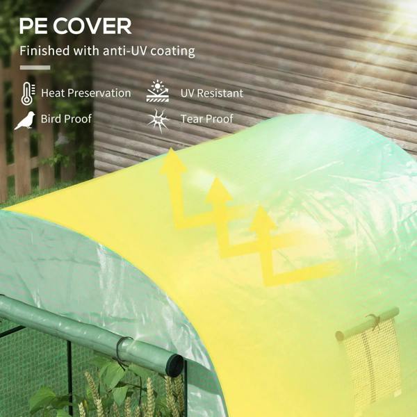 Green PE polytunnel cover with translucent fabric over black metal tube frame