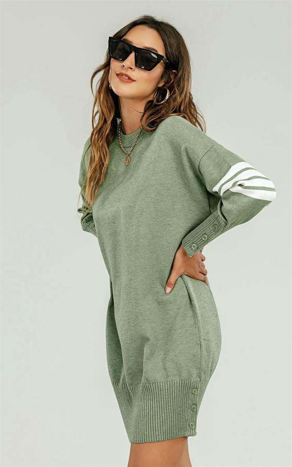 FS Collection Knitted Tunic Jumper Dress With White Stripe In Olive