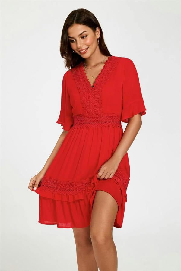 FS Collection V Neck Lace Mini Dress In Red