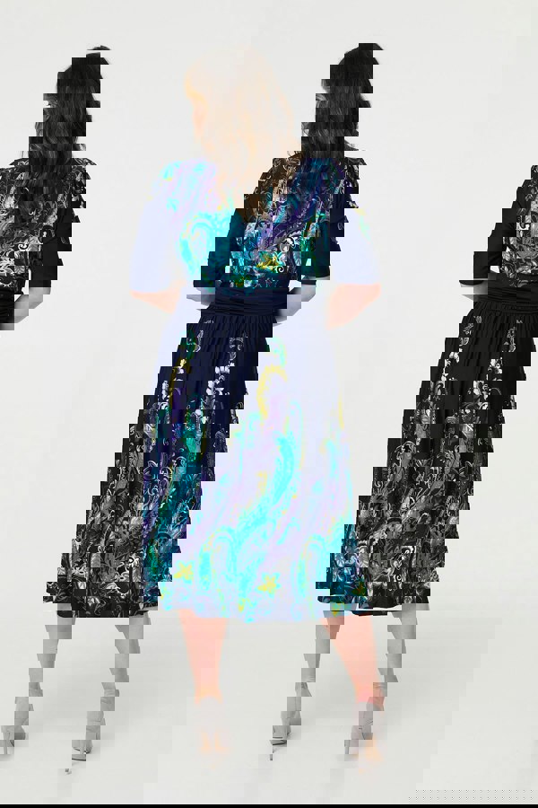 Teal | Printed Ruched Waist Midi Dress