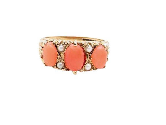 Vintage Tom A 9 carat gold coral and pearl dress ring