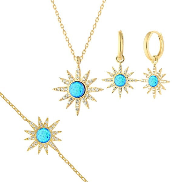 Spero London Blue Opal Sun Sterling Silver Necklace Earring and Bracelet Set