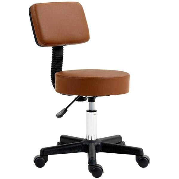 Brown padded swivel salon chair with backrest, 5 casters, adjustable height base.