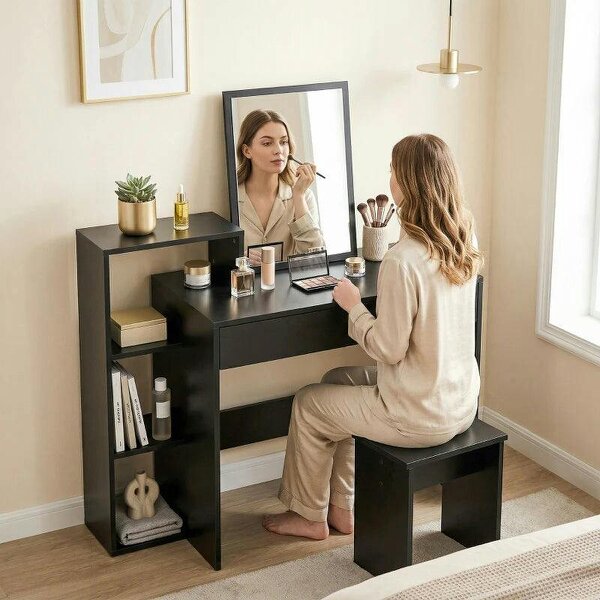 Desk with Storage, Computer Desk with 3 Open Shelves and Drawer, Workstation, Computer Table, Black