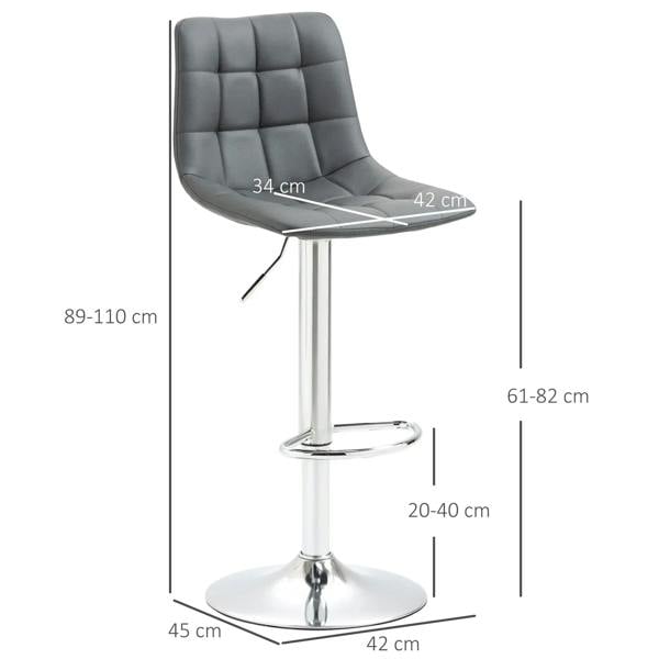 Grey tufted bar stool with adjustable height column and circular chrome base