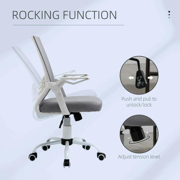 Grey mesh office chair with padded seat, flip-up armrests, rocking mechanism shown