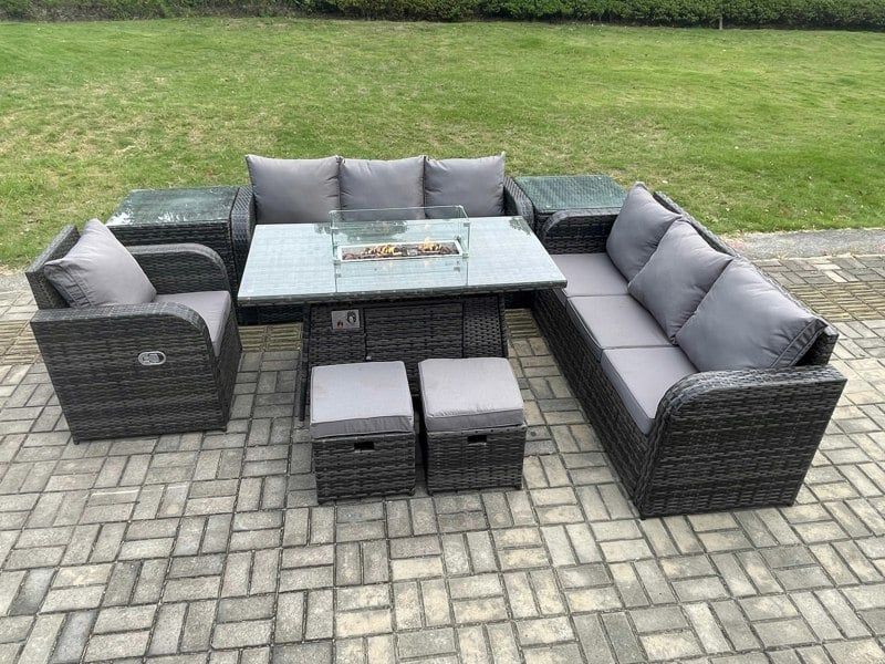 Fimous 9-Seater Rattan Gas Fire Pit Dining Set | Indoor/Outdoor Reclining Sofa, Chair, Side Table, 2 Footstools