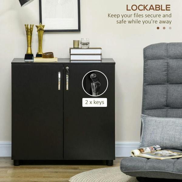 Black locking office cabinet with round key lock and keys on the front