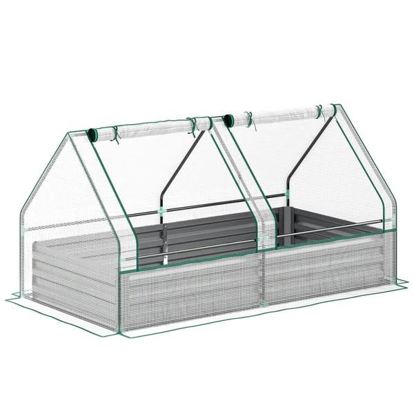 Raised garden planter box with greenhouse cover, gray metal frame and clear panels, white accents