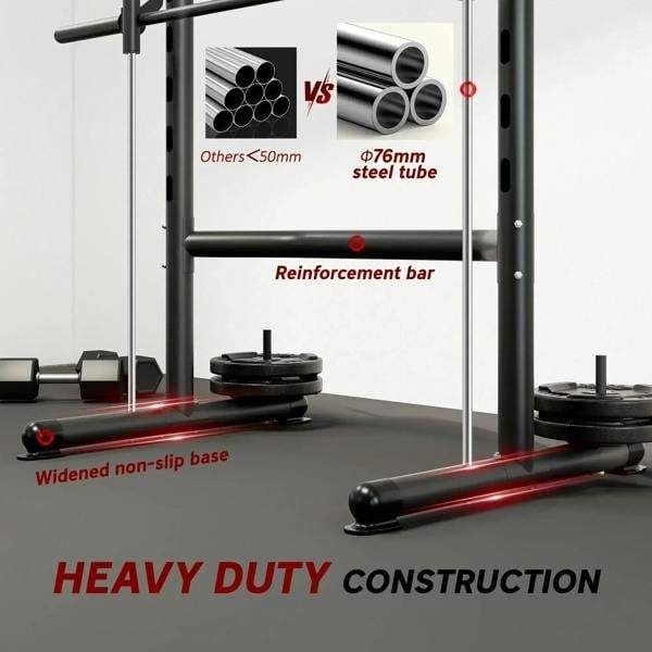 Black heavy-duty squat rack with reinforced bars and widened non-slip base
