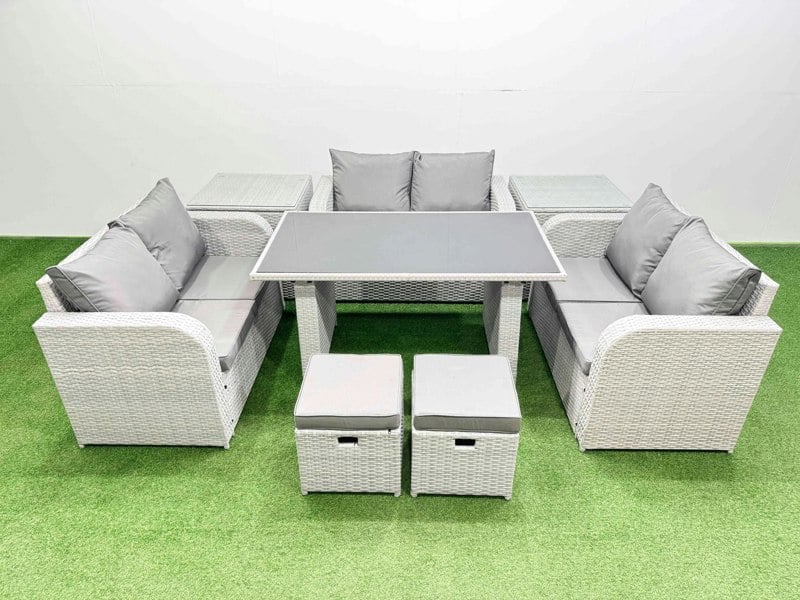 Fimous 8 Seater Patio Garden Furniture Sets with Black Glass Top Dining Table Love Sofa 2 Side Tables 2 Small Stool Light Grey