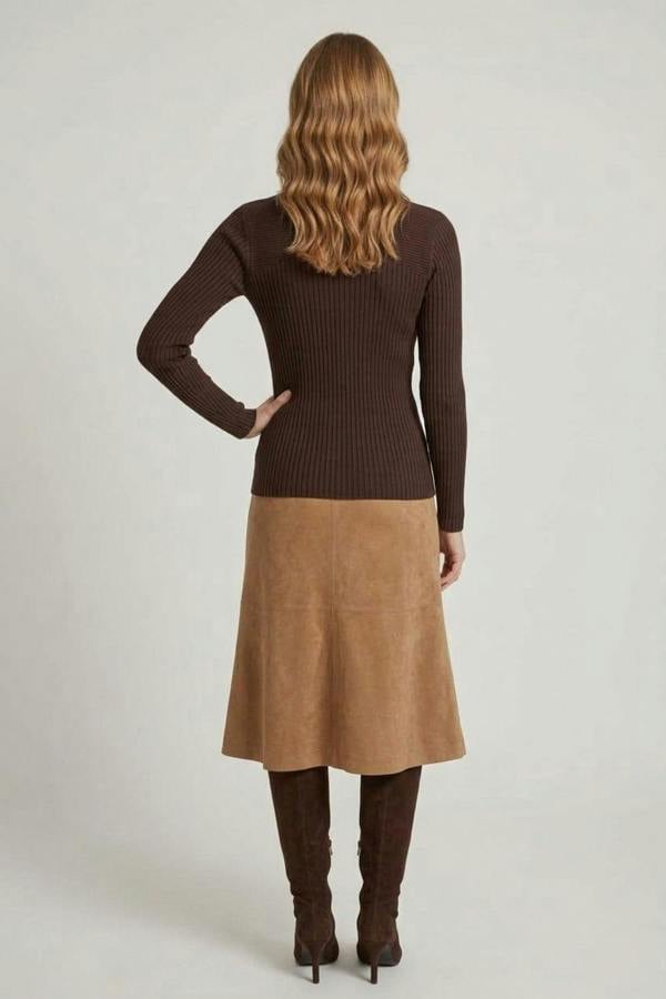 Brown | Striped Texture High Neck Slim Knit Top