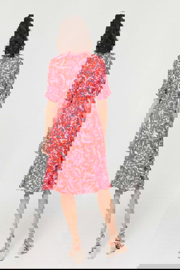 Orange | Printed Frill Wrap Knee Length Dress
