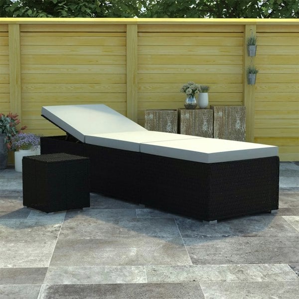 Berkfield Sun Lounger with Cushion and Tea Table Poly Rattan Black
