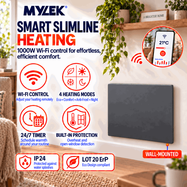 MYLEK Electric Radiator Panel Heater Grey WIFI Smart APP Eco 1000W Bathroom Safe Wall Mounted Timer Thermostat