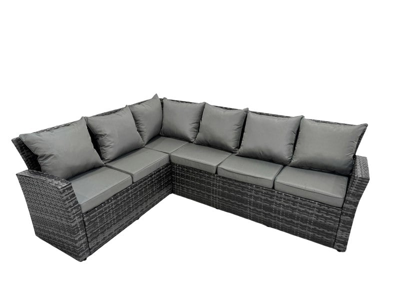 Fimous Poly Rattan Outdoor Patio Gas Fire Pit Dining Table Corner Sofa Set with Big Stool 2 Chairs for Garden Backyard Dark Grey Mixed