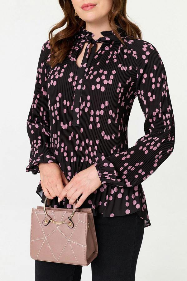 Pink | Spotty Print Long Sleeve Pleated Blouse