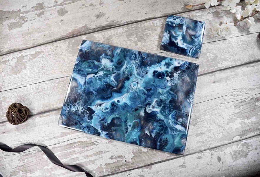 Kate Chesters Art Blue Silver Placemat and Drinks Coaster Set - Heat Safe