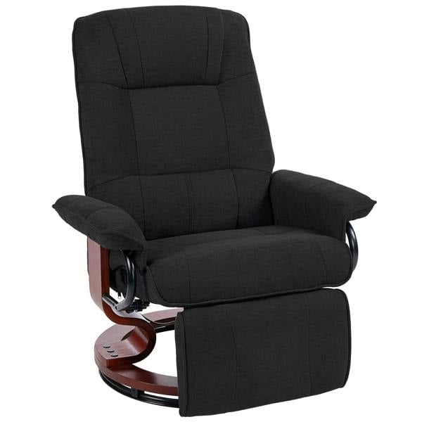Black reclining swivel chair with footrest and padded armrests, upholstered fabric