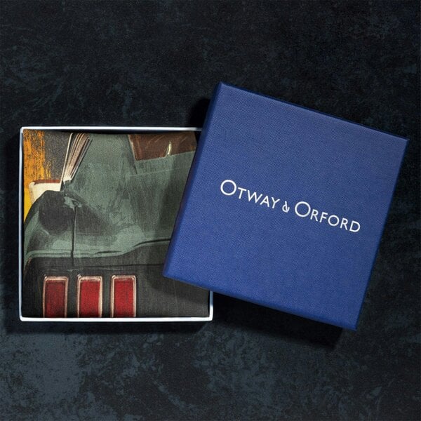 Otway & Orford 'Muscle Car' silk pocket square in green & orange (42 x 42cm)
