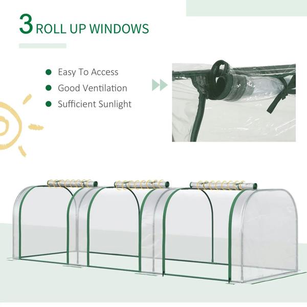 Clear PVC tunnel greenhouse with green steel frame, rolled-up window panels along the sides