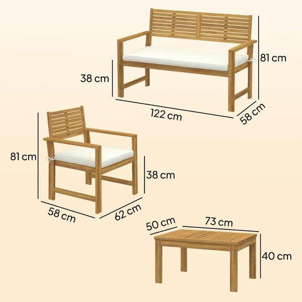 4 Seater Wooden Garden Furniture Set with Loveseat, Armchairs, Table, Acacia Wood Garden Sofa Set, Cream White