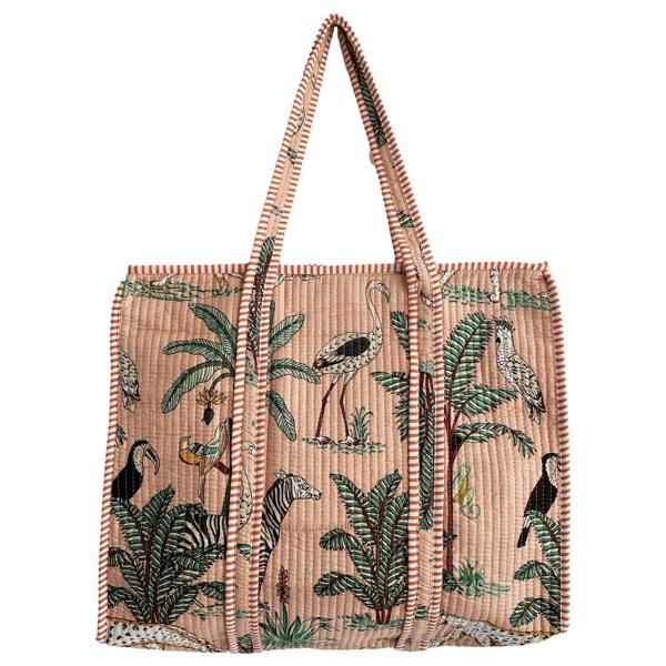Hayley & Co Jungle Print Large Quilted Cotton Tote Shoulder Bag in Peach
