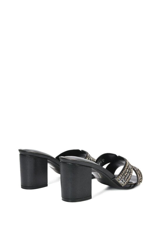XY LONDON Sparkly Diamante Strappy Mid Block Heeled Sandal Mules