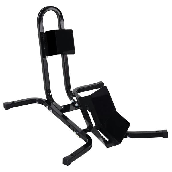 Black steel motorcycle front wheel chock stand with locking handle and support arms