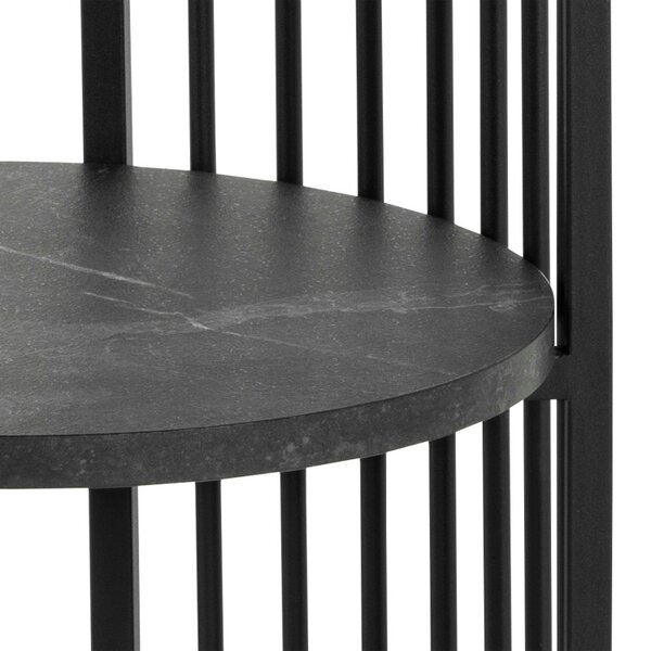 Wyld Haus Dublin Black Marble Effect Round Bedside Table with Black Steel Frame